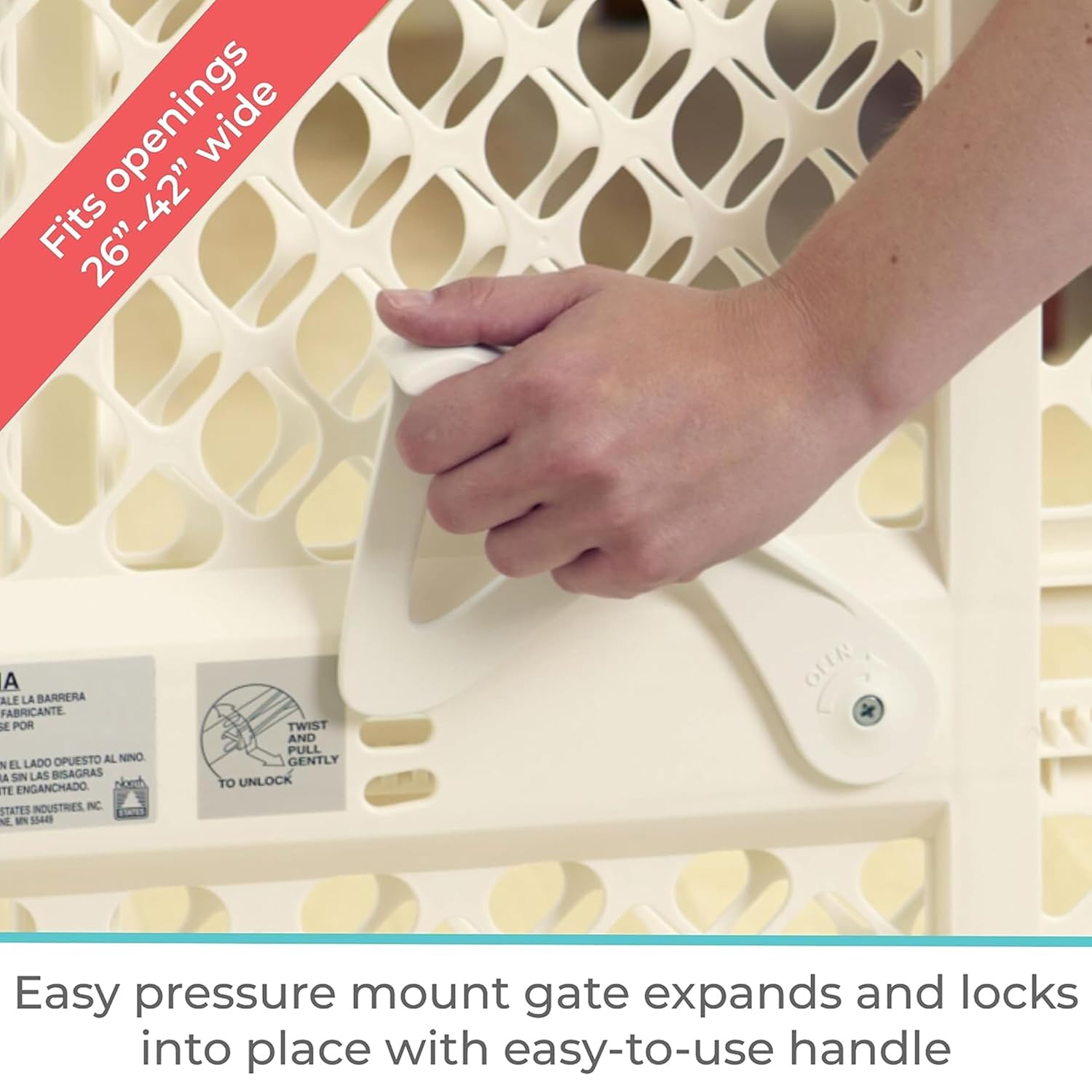 Toddleroo by North States - Supergate Ergo Baby Gate: Plastic Baby Gate for Stairs & Doorways - Adjustable Indoor Safety Gate - Made in USA - 26 to 42 Inches Wide - 26 Inches Tall - Ivory
